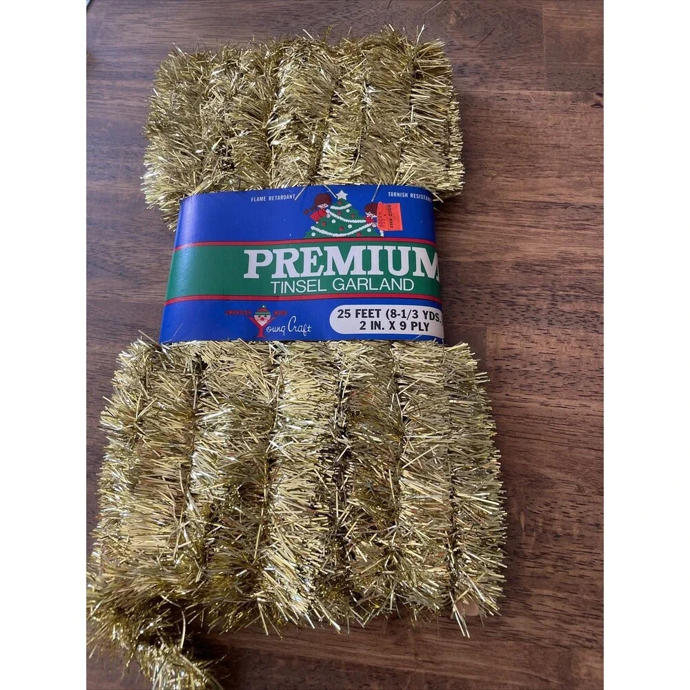 25 Feet NOS Gold Christmas Tinsel Garland Premium Christmas Made USA 2” New Old